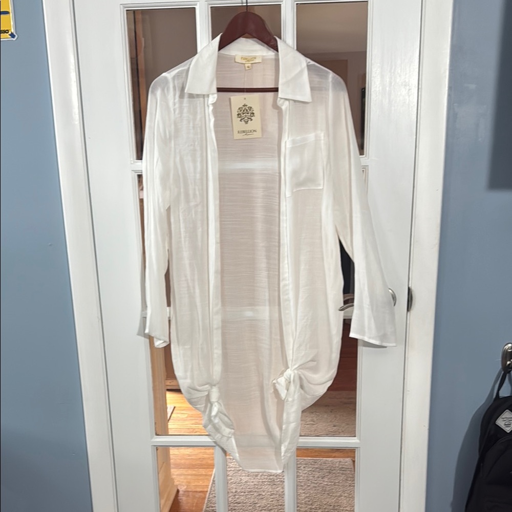 NWT Rebellion Again XS White Sheer Long Shirt with long sleeves